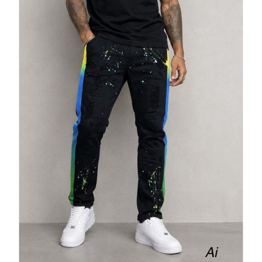 Focus Jeans Men's W40 L34 Moto Paint Splatter Distressed Denim With Side Stripes